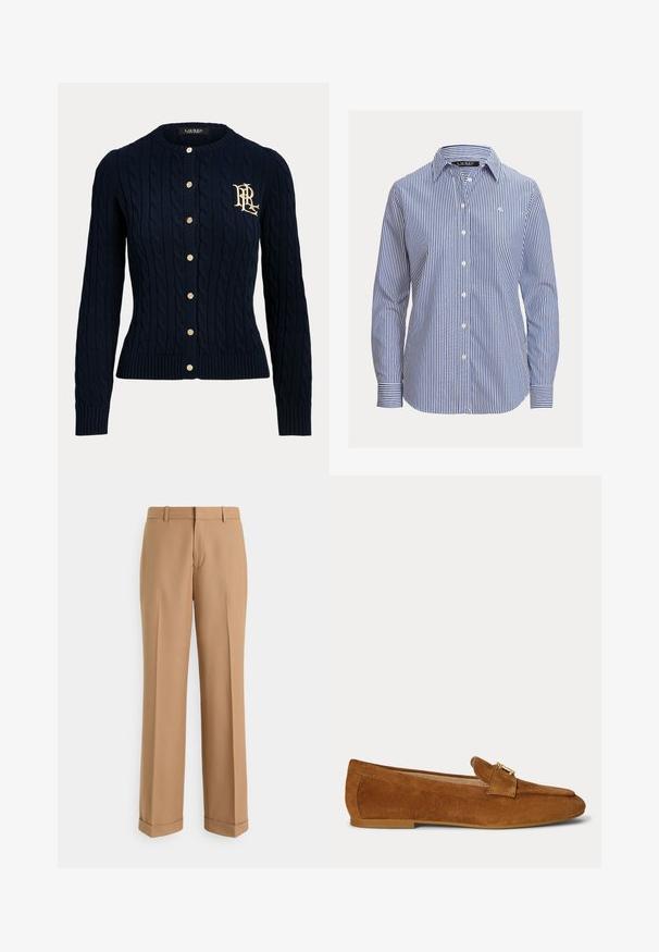 Námornícky modrý sveter cardigan s pleteným vrkočovým vzorom, zlatými gombíkmi a vyšívaným monogramom na ľavej strane hrudníka, s dlhými rukávmi a rebrovanými manžetami a lemom.; Dámska košeľa s dlhým rukávom s modrými a bielymi vertikálnymi pruhmi, špicatým golierom a malým vyšitým logom na prsiach.; Hnedé nohavice na mieru z hladkej látky, s priamym strihom, vyžehlenými záhybmi a zapínaným lemom pre upravený vzhľad.; Hnedý semišový mokasín s detailom zlatej kovovej pracky na vrchu a nízkou podpätkovou podrážkou.