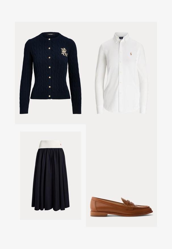 Marineblå kabelstrikket cardigan med guldknapper og broderet monogram på venstre bryst, lange ærmer og ribstrikkede manchetter og kant.; Hvid skjorte med lange ærmer og knapper, med knaplukket krave og lille broderet polo-spillerlogo på brystet.; Knælang nederdel i mørk marineblå stof med en hvid elastisk taljebånd. Med plisseret design og en lille rød logoaccent.; Brun læderloafer med lavt træsål, klassisk penny-rem og syet detalje langs tå og sider.
