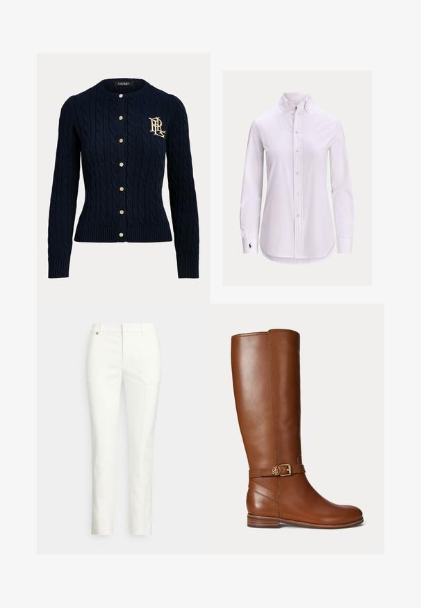 Marineblå kabelstrikket cardigan med guldknapper og broderet monogram på venstre bryst, lange ærmer og ribstrikkede manchetter og kant.; Hvid langærmet skjorte med knapper foran, knappet krave og lille broderet logo på venstre manchet.; Hvide, skræddersyede bukser med en tætsiddende pasform, der har en glat tekstur, bæltestropper og en lille detalje af guldhardware. Ingen lommer synlige.; Brun læder knæhøj støvle med en lille guldbøjle og "RL" logo på remmen nær anklen, flad hæl og glat finish.