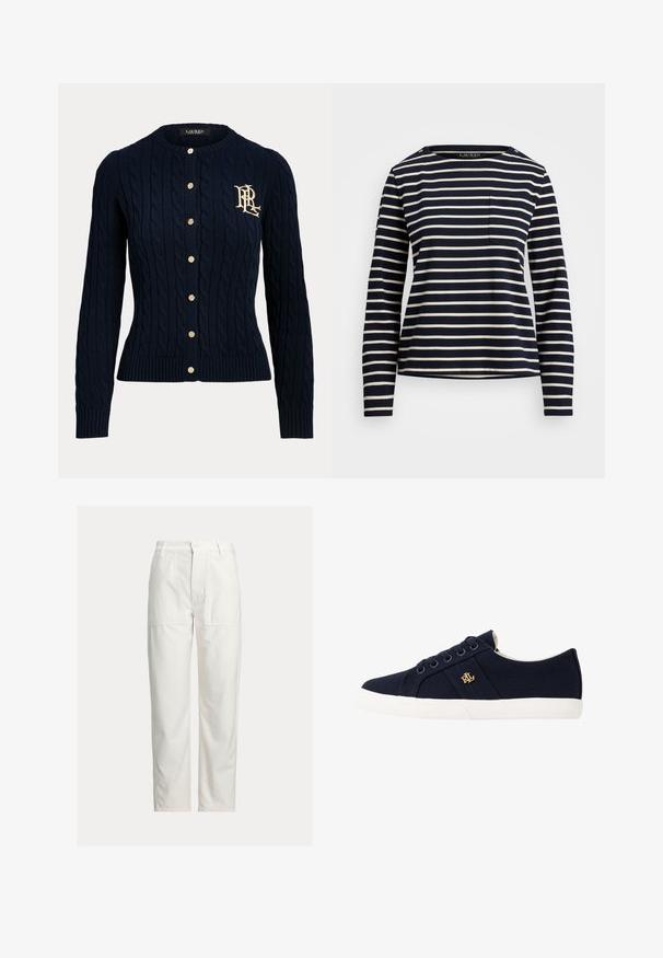Navyblauwe kabelgebreide cardigan met gouden knopen en geborduurd monogram op de linkerborst, lange mouwen en geribde boorden en zoom.; Marineblauw langemouwshirt met witte horizontale strepen, een ronde hals en een klein borstzakje. Beschikt over knoopaccenten op de schouder.; Witte broek met rechte pijpen, grote voorkwabzakken, riemlussen en een knoopsluiting in de taille.; Lauren Ralph Lauren JANSON II CANVAS SNEAKER - Sneakers laag - navy