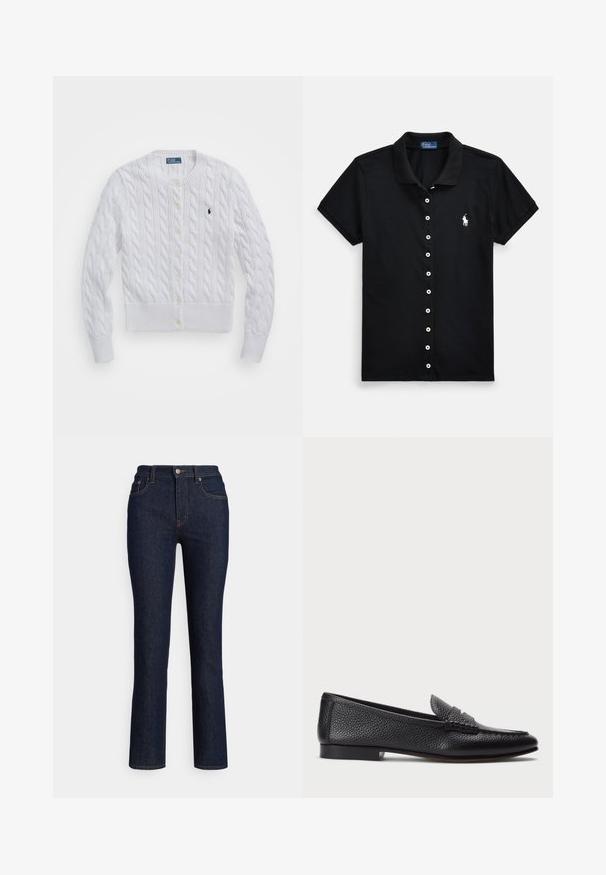 Hvid kabelstrikket cardigan med rund halsudskæring, ribbede manchetter og kant, prydet med gule knapper og et lille mørkt logo på venstre bryst.; Sort polo-shirt lavet af bomuld, med knapper foran, korte ærmer og en lille hvid logo på brystet.; Mørkeblå denimjeans med lige ben, høj talje, diskrete syningsdetaljer og en klassisk fem-lomme-stil.; Sorte læder loafers med struktureret finish, der har en dekorativ rem og flad hæl. Slank, minimalistisk design med rund tå.