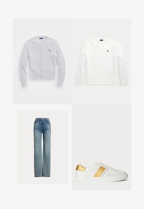 Hvid kabelstrikket cardigan med rund halsudskæring, ribbede manchetter og kant, prydet med gule knapper og et lille mørkt logo på venstre bryst.; Hvid langærmet t-shirt med rund hals og lille mørkeblå broderet hest og rytter-logo på venstre bryst.; Højtaljede, lige ben blå jeans med forlommer, bæltestropper og knaplukning, der har subtile slidte detaljer.; Hvide sneakers lavet af syntetisk materiale, med et metallisk guldbånd og hælaccent, samt en tekstureret gummisål.