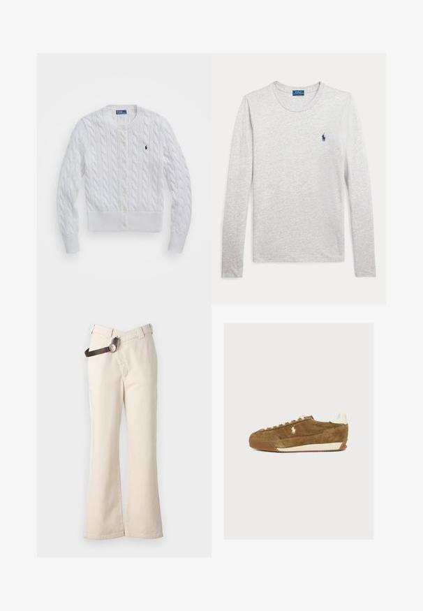 Hvid kabelstrikket cardigan med rund halsudskæring, ribbede manchetter og kant, prydet med gule knapper og et lille mørkt logo på venstre bryst.; Lysegrå langærmet t-shirt med rund hals og lille marineblåt Polo Ralph Lauren-logo på venstre bryst.; Pinko PAINT PANTALONE - Bukser - beige betulla; Brun ruskindssneaker med hvide snørebånd, gummisål og hvidt logo på siden, vist mod en ensartet lys baggrund.