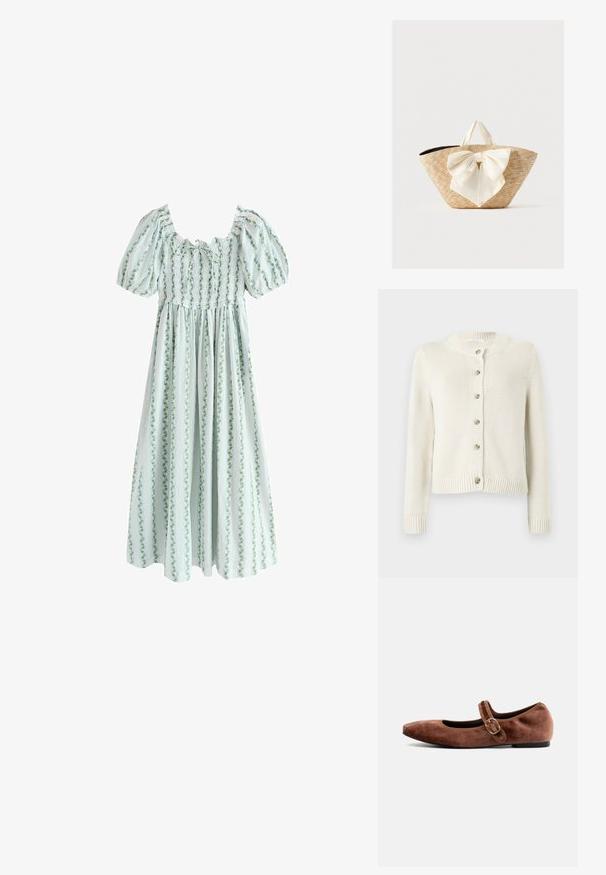 Strikket cardigan i creme med rund halsudskæring, lange ærmer og seks knaplukning foran. Har ribbede manchetter og kant.; Lyseblå kjole med pufærmer, smocket krop og lodrette grønne blomsterstriber, med en samlet, flydende nederdel.; Bianco Mary Jane shoes BIALILJA - Ballerinasko m/ rem - dark brown; Vævet stråtote taske med cremefarvede stofhåndtag og en stor dekorativ cremebue foran, mod en ensfarvet baggrund.