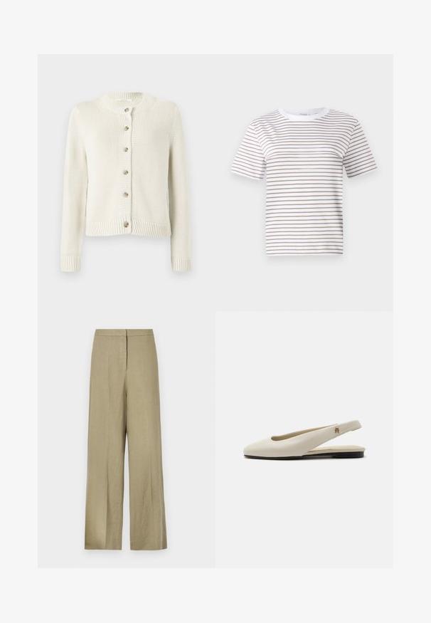 Strikket cardigan i creme med rund halsudskæring, lange ærmer og seks knaplukning foran. Har ribbede manchetter og kant.; Hvid t-shirt med korte ærmer og horisontale beige striber. Rund halsudskæring, lavet af blødt stof, med en afslappet pasform og standard kant.; Lys grønne, vide bukser lavet af linned. Har en høj talje og et rent fordesign med en enkelt plissé.; Flatsko i cremefarvet læder med rundet tå og lille guldemblem på remmen.