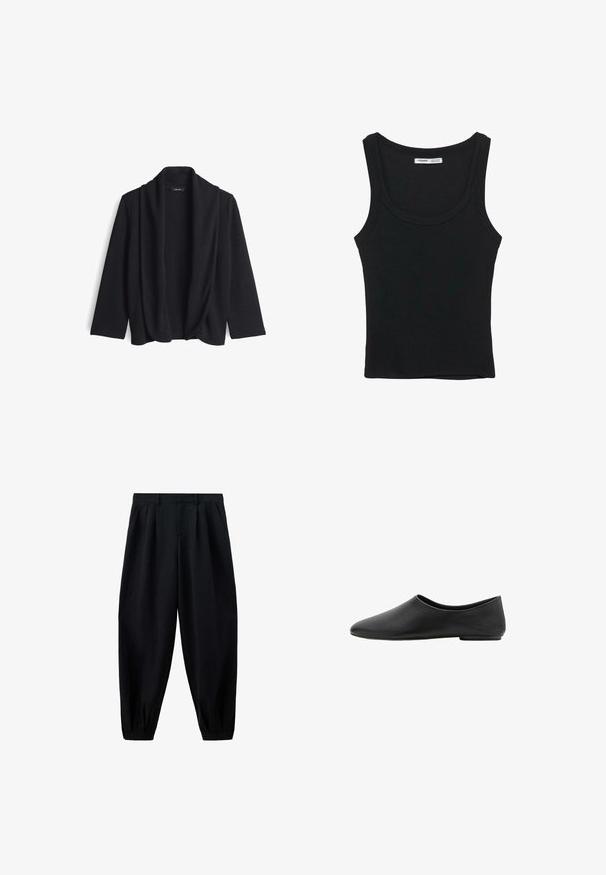 Schwarze offene Strickjacke aus weichem Material, mit einem drapierten Kragen und drei Viertel Ärmeln. Keine Verschlüsse oder Muster.; Schwarzes, geripptes ärmelloses Tanktop mit rundem Ausschnitt und geradem Saum, Etikett im Nackeninnenteil.; Schwarze, hochgeschnittene, verjüngte Hose mit Falten am Bund und an den Bündchen sowie Seitentaschen, auf weißem Hintergrund gezeigt.; Schwarze minimalistische flache Schuhe mit einer abgerundeten Mandelspitze und niedrigem Absatz, Obermaterial aus glattem Leder, im Slip-On-Stil.