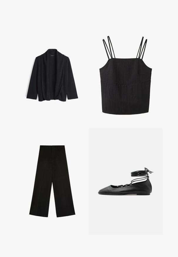 Schwarze offene Strickjacke aus weichem Material, mit einem drapierten Kragen und drei Viertel Ärmeln. Keine Verschlüsse oder Muster.; Schwarzes ärmelloses Top mit doppelten dünnen Trägern auf jeder Schulter und einem geraden Ausschnitt.; Schwarze weit geschnittene Hose mit Knopf- und Reißverschluss, Gürtelschlaufen und vorderen Bügelfalten, flach auf weißem Hintergrund liegend.; Schwarzer flacher Ballettschuh aus Leder mit spitzer Kappe, mehreren dünnen Riemen über dem Spann und Schnürsenkeln, die um den Knöchel gewickelt sind.