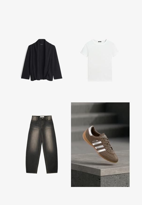 Schwarze offene Strickjacke aus weichem Material, mit einem drapierten Kragen und drei Viertel Ärmeln. Keine Verschlüsse oder Muster.; Schlichtes weißes T-Shirt mit kurzen Ärmeln, rundem Halsausschnitt und einem kleinen schwarzen Etikett innen am Kragen.; Graue Denim-Jeans mit weitem Bein und leichter Ausbleichung, fünf Taschen, kontrastierenden Nähten und einer lockeren Passform. Keine sichtbaren Muster oder Verzierungen.; Brauner Wildledersneaker mit weißen Streifen und silbernen Akzenten, mit strukturierter Oberseite, Schnürdesign und Sohle aus Kautschuk in Kaugummifarben.
