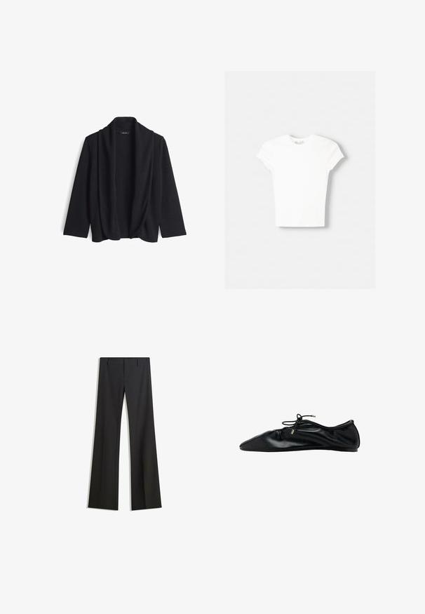 Schwarze offene Strickjacke aus weichem Material, mit einem drapierten Kragen und drei Viertel Ärmeln. Keine Verschlüsse oder Muster.; Weißes kurzärmliges T-Shirt aus weicher Baumwolle, mit Rundhalsausschnitt und figurbetonter Form. Keine sichtbaren Muster oder Verzierungen.; Schwarze, ausgestellte Hose mit glatter Textur, mit maßgeschneiderter Passform und Bund. Keine sichtbaren Muster oder Verzierungen.; Schwarzer Ballettflachschuh aus Leder mit geraffter Spitze und Schnürung mit Metallenden, minimalistischer und eleganter Seitenansicht.