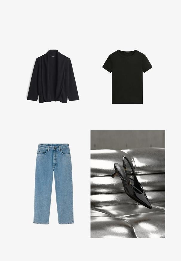 Schwarze offene Strickjacke aus weichem Material, mit einem drapierten Kragen und drei Viertel Ärmeln. Keine Verschlüsse oder Muster.; Schlichtes schwarzes T-Shirt mit kurzen Ärmeln und Rundhalsausschnitt, schlichtem, tailliertem Design vor weißem Hintergrund.; Hellblaue Straight-Leg-Jeans aus Denim mit vorderem Knopf und Reißverschluss, Gürtelschlaufen und klassischem Fünf-Taschen-Design.; Schwarzer Lackleder-Slingback-Schuh mit spitzer Kappe und kleinem Absatz, ruhend auf einer glänzenden metallischen silberfarbenen, gesteppte Oberfläche.