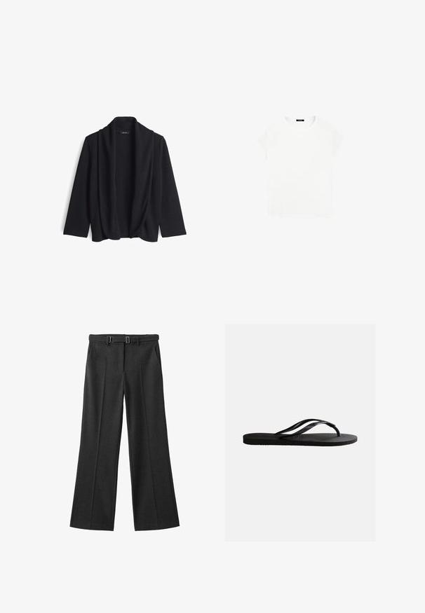 Schwarze offene Strickjacke aus weichem Material, mit einem drapierten Kragen und drei Viertel Ärmeln. Keine Verschlüsse oder Muster.; Weißes Baumwoll-T-Shirt mit rundem Ausschnitt und kurzen Ärmeln. Einfaches Design, ohne Muster oder Akzente. Weiche, glatte Textur.; Weit geschnittene Hose aus dunkelgrauem Stoff mit glatter Textur, Vorderfalten und einem doppelten Gürtel-Loop-Design mit silbernen Hardware-Akzenten.; Schwarze Gummizehensandale mit strukturiertem Fußbett und dünnen, Y-förmigen Riemen vor einfachem weißem Hintergrund.