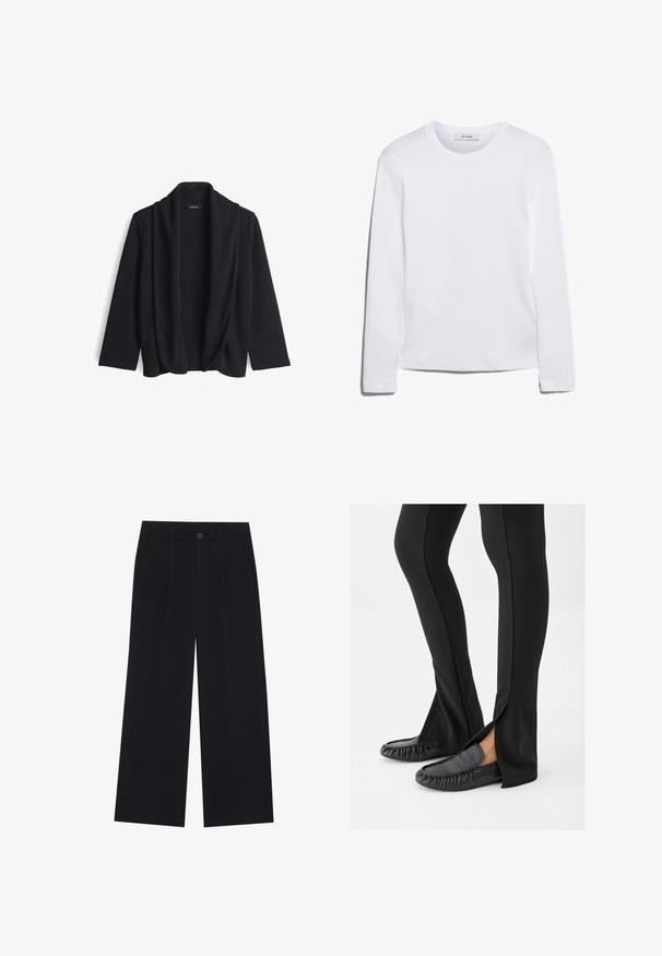 Cardigan noir ouvert à l'avant, fabriqué en tissu doux, avec un col drapé et des manches trois-quarts. Sans fermetures ni motifs.; T-shirt blanc à manches longues en coton côtelé, avec un col rond et un ourlet droit. Design simple sans motifs ni accents.; Pantalons larges noirs en tissu lisse. Comprend des plis à l'avant, une fermeture à bouton et des poches latérales. Design simple sans motifs.; Jambes portant un pantalon noir évasé avec des fentes latérales, associé à des mocassins en cuir noir, sur un fond blanc.