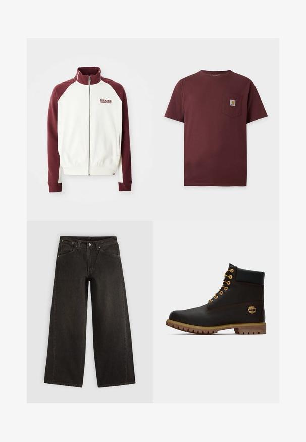 Sweat-shirt zippé couleur écru avec des manches raglan bordeaux. Il dispose de poignets et d'un ourlet côtelés, ainsi qu'un petit logo sur la poitrine. Texture lisse.; T-shirt marron foncé à manches courtes avec une poche poitrine présentant un petit patch logo Carhartt.; Jean noir à jambes larges avec poches avant, fermeture par boutons et passants de ceinture, présenté à plat sur un fond clair.; Bottine noire en cuir avec œillets dorés, accents marron et semelle en caoutchouc. Comprend un col rembourré et un logo estampé sur le côté.