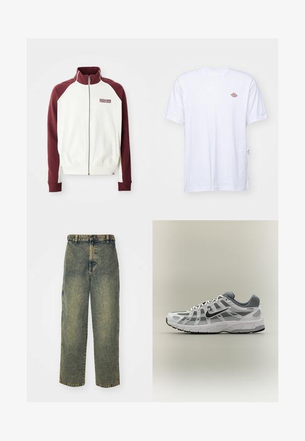 Reißverschluss-Sweatshirt in Off-White mit burgunderfarbenen Raglanärmeln. Verfügt über gerippte Bündchen und Saum sowie ein kleines Logo auf der Brust. Glatte Textur.; Weißes Baumwoll-T-Shirt mit V-Ausschnitt und kurzen Ärmeln. Besitzt ein kleines, buntes, gesticktes Logo auf der linken Brustseite. Weiches Material.; Baggy-Jeans aus Denim in einer verblassten Blauen und Grünen Waschung. Mit Knopfverschluss, Gürtelschlaufen und Seitentaschen. Flaches Vorderteil und gerades Bein-Design.; Weißer und grauer Nike P-6000 Sneaker mit schwarzem Swoosh, Netzpaneelen und strukturierter Sohle, seitlich auf neutralem Hintergrund dargestellt.