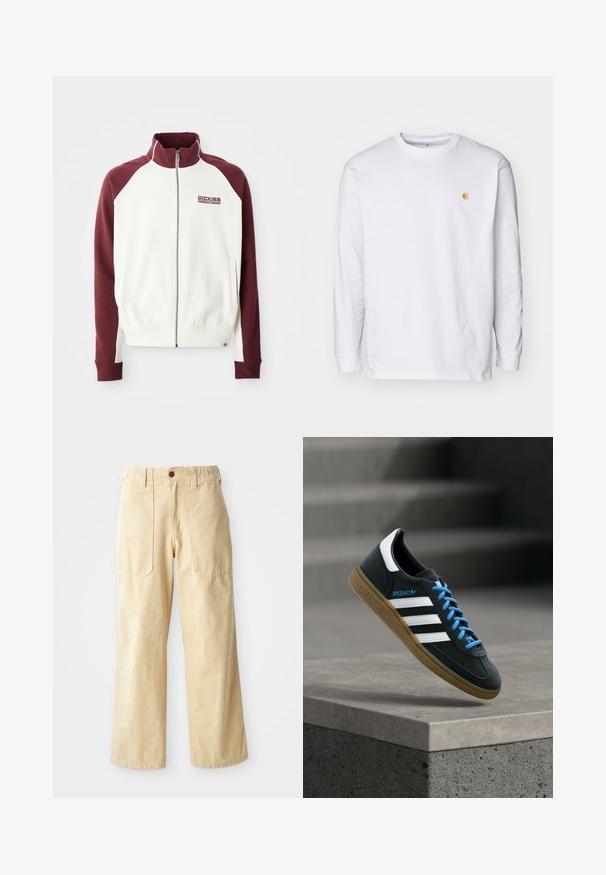 Sweat-shirt zippé couleur écru avec des manches raglan bordeaux. Il dispose de poignets et d'un ourlet côtelés, ainsi qu'un petit logo sur la poitrine. Texture lisse.; T-shirt à manches longues blanc en coton. Présente un petit logo doré sur la poitrine et un col rond. Design simple et coupe standard.; Pantalons larges beige en coton. Présentent une taille haute, deux poches avant au design plat et une fermeture par un seul bouton.; Baskets Adidas noires avec des rayures blanches, des lacets bleus et une semelle en gomme flottant au-dessus d'une marche en béton grise sous une lumière douce.