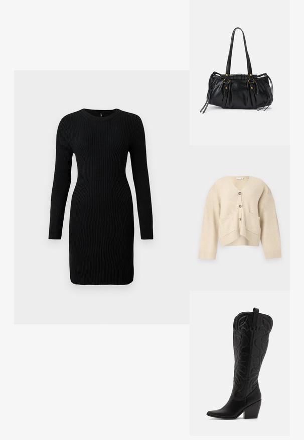 Cardigan beige avec un décolleté en V, deux poches avant et cinq boutons. Présente des poignets et un ourlet côtelés, fabriqué dans un matériau doux et texturé.; Robe noire en maille côtelée à manches longues avec une silhouette ajustée et un col ras du cou, présentée sur un fond clair uni.; Bottes hautes en cuir noir jusqu'aux genoux avec bout pointu et talon empilé. Caractéristiques de coutures décoratives et éléments de design courbés.; Sac à main en cuir noir avec une forme arrondie, deux poignées, des accents en matériel décoratif et des détails de liens sur les côtés. Texture lisse et brillante.