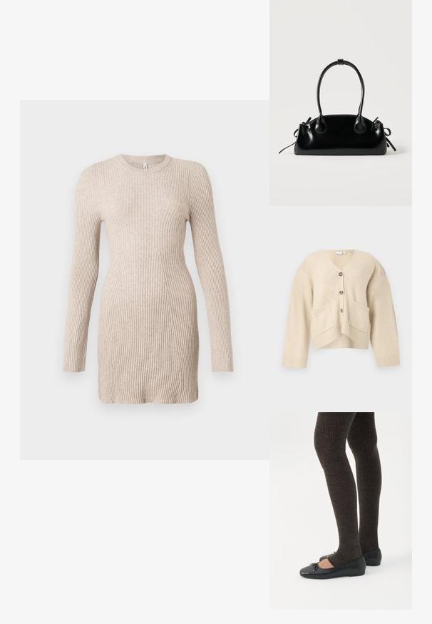 Cardigan beige avec un décolleté en V, deux poches avant et cinq boutons. Présente des poignets et un ourlet côtelés, fabriqué dans un matériau doux et texturé.; Robe pull longue en tricot côtelé beige à manches longues, avec une taille cintrée et un col rond sur fond blanc.; Jambes portant des leggings côtelés foncés associés à des ballerines noires avec de petits détails en nœud sur fond blanc.; Petit sac à main noir brillant avec deux longues anses et des détails à cordon sur les côtés sur un fond clair uni.