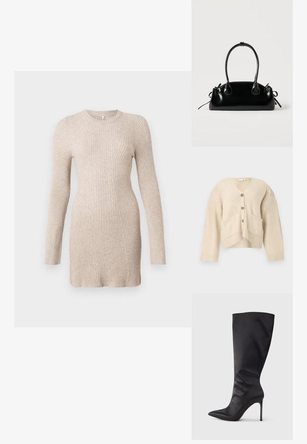 Beige cardigan med V-hals, to forlommer og fem knapper. Har ribbede ærmer og kant med et blødt, struktureret materiale.; Beige ribbet strik langærmet kjole med en tætsiddende talje og rund halsudskæring på en hvid baggrund.; Sort knæhøj stiletstøvle lavet af glat, glansfuldt materiale; spids tå; tætsiddende pasform med let samling nær anklen; skinnende hæl.; Lille sort blank håndtaske med to lange håndtag og snøre-detaljer i siden på en ensfarvet lys baggrund.