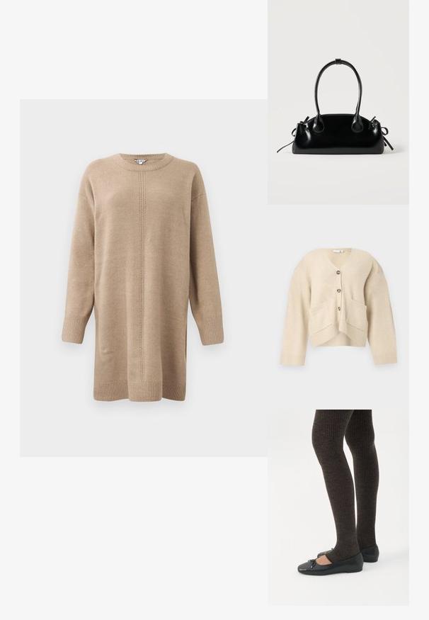 Cardigan beige avec un décolleté en V, deux poches avant et cinq boutons. Présente des poignets et un ourlet côtelés, fabriqué dans un matériau doux et texturé.; Robe pull beige en tricot avec des manches longues, un col rond et un détail de couture central. Présente des poignets et un ourlet côtelés pour plus de texture.; Jambes portant des leggings côtelés foncés associés à des ballerines noires avec de petits détails en nœud sur fond blanc.; Petit sac à main noir brillant avec deux longues anses et des détails à cordon sur les côtés sur un fond clair uni.
