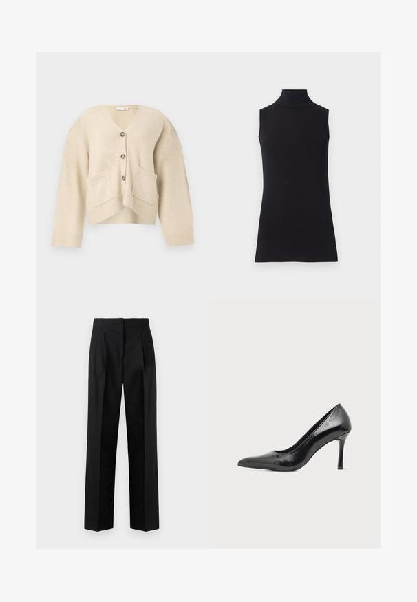 Cardigan beige avec un décolleté en V, deux poches avant et cinq boutons. Présente des poignets et un ourlet côtelés, fabriqué dans un matériau doux et texturé.; Haut sans manches noir en col roulé, fabriqué à partir d'un tissu lisse. Design ajusté avec un col haut et un ourlet droit, minimaliste et de couleur unie.; Pantalon noir en tissu tissé, avec une coupe sur mesure, des plis, une jambe droite et un devant plat. Texture durable et lisse.; Chaussure à talon haut pour femme en cuir verni noir avec bout pointu et talon fin sur fond clair uni.