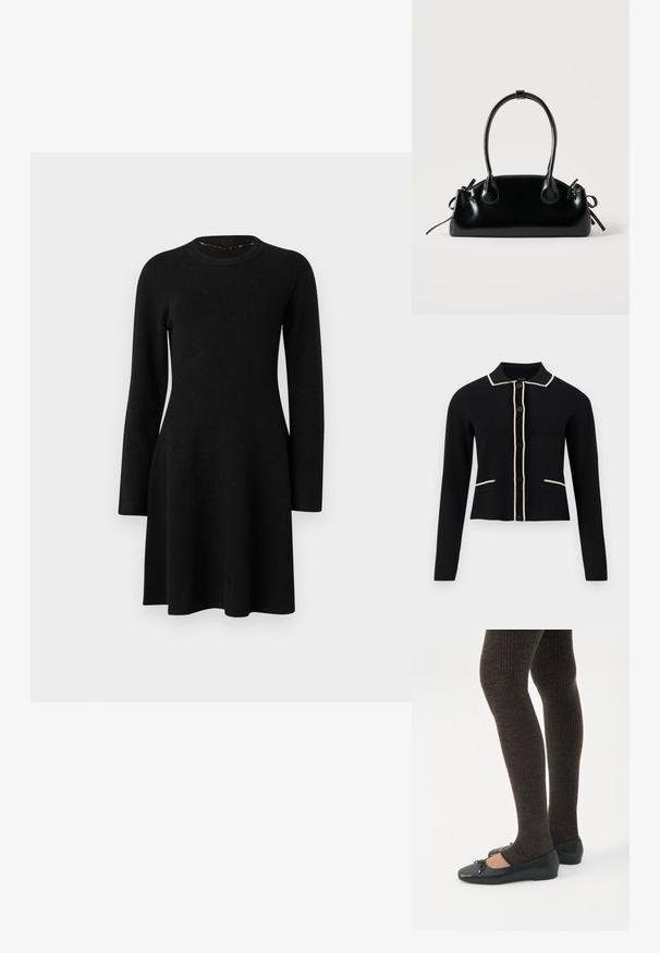 Sort cardigan med krave, cremefarvede detaljer langs kraven og lommerne, og seks frontknapper. Har lange ærmer og et cropped design.; Sort langærmet kjole lavet af blødt stof. Har en rund halsudskæring, tætsiddende overdel og flagrende skirt, med en glat tekstur. Ingen mønstre eller accenter.; Ben iført mørke ribbede leggings kombineret med sorte balletsko med små sløjfedetaljer på hvid baggrund.; Lille sort blank håndtaske med to lange håndtag og snøre-detaljer i siden på en ensfarvet lys baggrund.