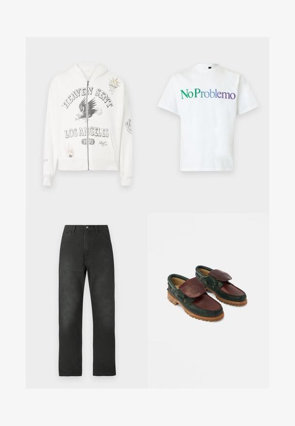 Haut zippé blanc avec un texte graphique "HEAVEN SENT LOS ANGELES 1971", un design d'aigle et des patchs décoratifs incluant un soleil et une carte à jouer.; T-shirt blanc à manches courtes avec le texte « No Problemo » en dégradé du vert au violet sur la poitrine.; Pantalon en toile de coton noire avec une coupe droite, poches avant et fermeture par bouton. Présente une texture subtile et des détails de couture.; Chaussures en cuir avec un corps vert foncé, un dessus bordeaux, un bout rond, un rabat sécurisé et une semelle en caoutchouc texturée avec des rainures.