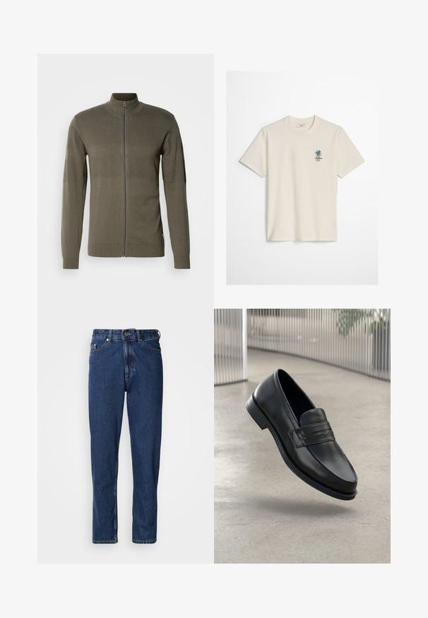 Veste à fermeture éclair de couleur vert olive, avec des panneaux texturés, des manches longues et un col montant. Fabriquée en tissu tricoté lisse.; T-shirt à manches courtes blanc cassé avec petit motif de plante verte et logo texte sur la poitrine gauche, col rond et coupe régulière.; Jean bleu foncé en denim, avec une coupe droite, style cinq poches et des coutures apparentes le long des coutures.; Mocassin en cuir noir à texture lisse, bout pointu et bande décorative sur le cou-de-pied. Semelle légère, design minimaliste.