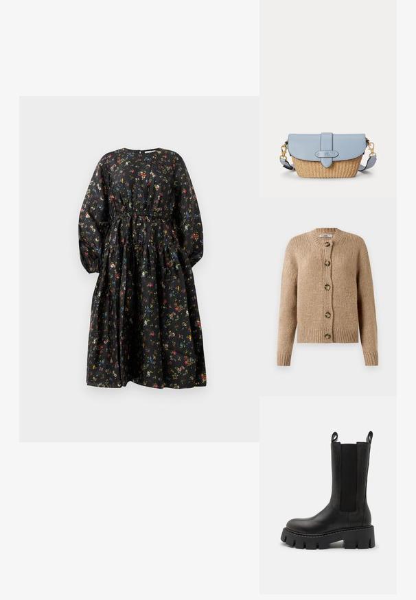 Beige, grob gestrickte Strickjacke mit langen Ärmeln, gerippten Bündchen und Saum sowie fünf großen braunen Knöpfen auf der Vorderseite.; Schwarzes Blumenmusterkleid mit langen Ärmeln, geraffter Taille und gestuftem Rock. Es zeichnet sich durch ein buntes Blumenmuster und eine glatte Stoffstruktur aus.; Schwarze Leder-Stiefelette mit elastischen Seitenpaneelen, Ziehschlaufen, kräftiger profilierten Sohle und verstärkten Nähdetails. Die Oberfläche hat eine glatte Textur.; Kleine Crossbody-Tasche mit geflochtenem Strohboden und hellblauer Lederklappe sowie verstellbarem Riemen mit goldenen Verschlüssen.