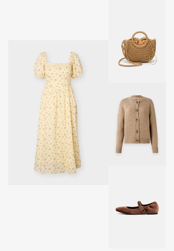 Beige chunky strikket cardigan med lange ærmer, ribbede manchetter og kant, samt fem store brune knapper foran.; Gul midi-kjole med pufærmer, firkantet udskæring, delikat blomsterprint og rynket talje.; Bianco Mary Jane shoes BIALILJA - Ballerinasko m/ rem - dark brown; Pieces PCLENA - Håndtasker - nature