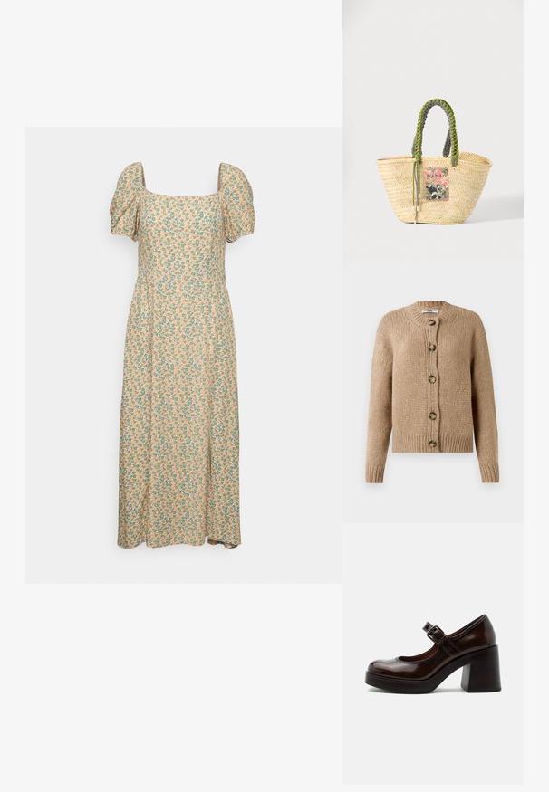 Béžový hrubý pletený cardigan s dlhými rukávmi, rebrovými manžetami a lemom, a piatimi veľkými hnedými gombíkmi na prednej strane.; Even&Odd by Zalando Denné šaty - green/pink; Tmavohnedá lakovacia obuv Mary Jane s hrubým vysokým podpätkom a nastaviteľným remienkom so sponou na svetlo šedom pozadí.; Tkaná béžová slamenná taška s pletenými zelenými a čiernymi rukoväťami a farebnou obdĺžnikovou záplatou na prednej strane.