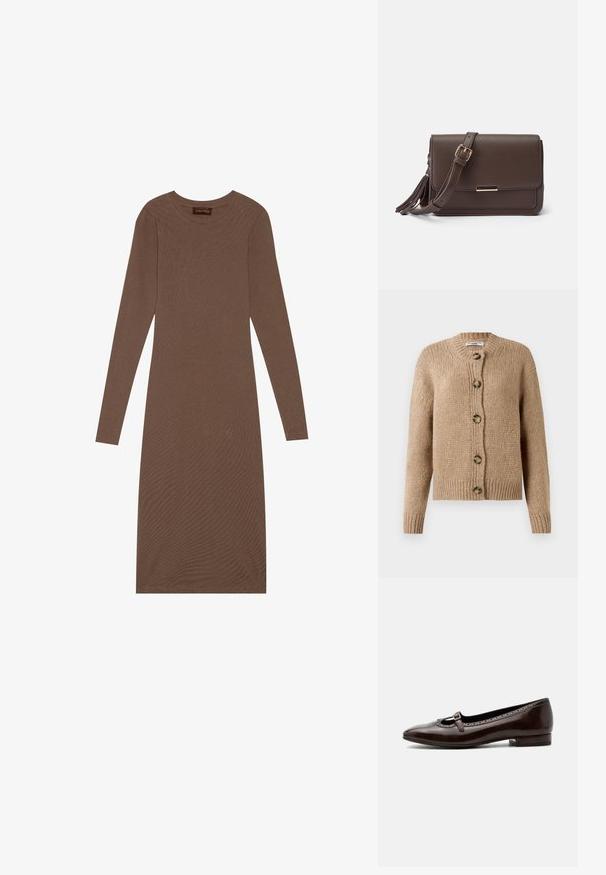 Béžový hrubý pletený cardigan s dlhými rukávmi, rebrovými manžetami a lemom, a piatimi veľkými hnedými gombíkmi na prednej strane.; Anna Field by Zalando Džersejové šaty - brown; Tmavohnedá lakovaná kožená nízkoprofilová Mary Jane obuv s zaoblenou špičkou a malým remienkom so sponou ponad nártom.; Hnedá kabelka cez telo z umelého kože s klopou na zatváranie, zlatými kovovými detailami a bočným strapcom. Nastaviteľný popruh pre všestranné nosenie.