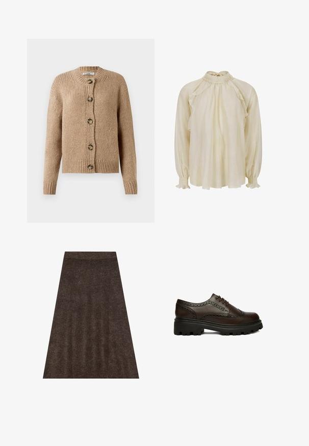 Cárdigan de punto grueso beige con mangas largas, puños y dobladillo acanalados, y cinco grandes botones marrones en la parte delantera.; Blusa color crema hecha de tela ligera, con cuello alto con volantes, hombros caídos y puños fruncidos con detalles de volantes.; Falda de punto marrón con un diseño acampanado, cinturilla elástica y una sutil textura en toda su superficie. La tela parece suave y cálida.; Zapato brogue de cuero marrón oscuro con detalles perforados y suela gruesa negra con dibujo, visto de lado sobre fondo blanco.