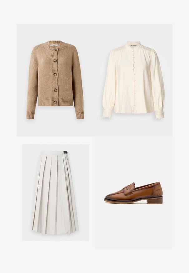 Beige, grob gestrickte Strickjacke mit langen Ärmeln, gerippten Bündchen und Saum sowie fünf großen braunen Knöpfen auf der Vorderseite.; Weiße Bluse mit hohem Kragen, vorderem Knopfverschluss und Puffärmeln. Verfügt über eine Spitzenborte an den Manschetten und einen dezenten strukturierten Stoff.; Langer weißer plissierter Rock mit seitlichem Schnallenverschluss, flach vor weißem Hintergrund dargestellt.; Braune Lederloafer mit einer strukturierten, geflochtenen Vorderseite, runder Spitze und niedrigem, gestapeltem Absatz. Glatte Oberfläche mit dezenten Steppnähten.