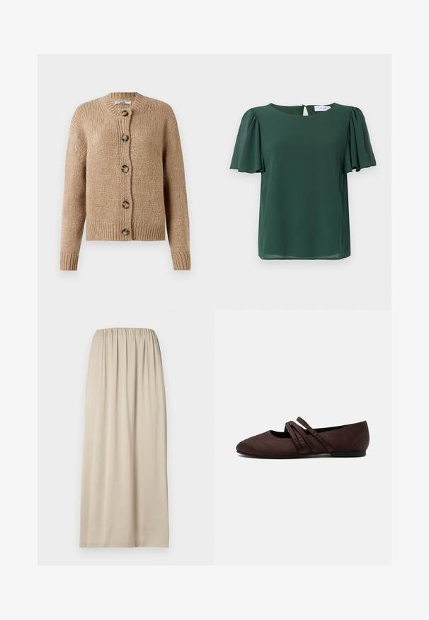 Beige chunky strikket cardigan med lange ærmer, ribbede manchetter og kant, samt fem store brune knapper foran.; Grøn, kortærmet bluse med rund halsudskæring og en nøglehulldetalje på ryggen. Lavet af letvægts, glat stof med et svævende design.; Beige knælængde nederdel lavet af blødt stof med elastik i taljen. Har en glat tekstur og et enkelt, flydende design.; Brun flad sko med spids tå og to tynde krydsende remme over vristen, synlige syningsdetaljer og en lav hæl.