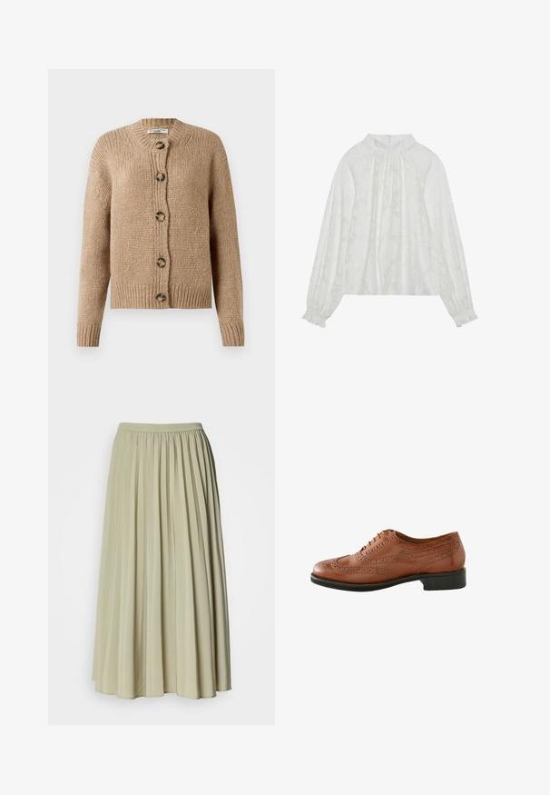 Beige, grob gestrickte Strickjacke mit langen Ärmeln, gerippten Bündchen und Saum sowie fünf großen braunen Knöpfen auf der Vorderseite.; Weiße Bluse mit langen Ärmeln, mit einem strukturierten Blumenmuster, gerafftem Ausschnitt und elastischen Bündchen. Weicher, leichter Stoff.; Geraffter langer Rock aus einem weichen, hellgrünen Stoff. Verfügt über einen elastischen Bund und ein fließendes Design, mit gleichmäßigen Falten im gesamten Rock.; Braune Leder-Brogue-Schuhe mit perforierten Details, runder Zehenform und niedrigem schwarzen Absatz. Ausgestattet mit einer klassischen Schnürung.