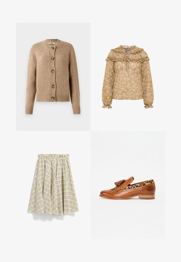 Beige, grob gestrickte Strickjacke mit langen Ärmeln, gerippten Bündchen und Saum sowie fünf großen braunen Knöpfen auf der Vorderseite.; Blumige Bluse in senfgelb mit Rüschenausschnitt und -ärmeln. Leichte Stoffqualität mit weißem Blumenmuster und gerafften Details.; Karierter, beiger Rock mit einem gesammelten, elastischen Bund, der schwarze Linien in einem Gittermuster zeigt. Der Stoff wirkt leicht und hat ein fließendes Design.; Hellbraune Lederloafer mit dekorativen Quasten und Brogue-Verzierungen. Besitzt ein Innenfutter im Leopardenmuster und einen niedrigen Holzabsatz.