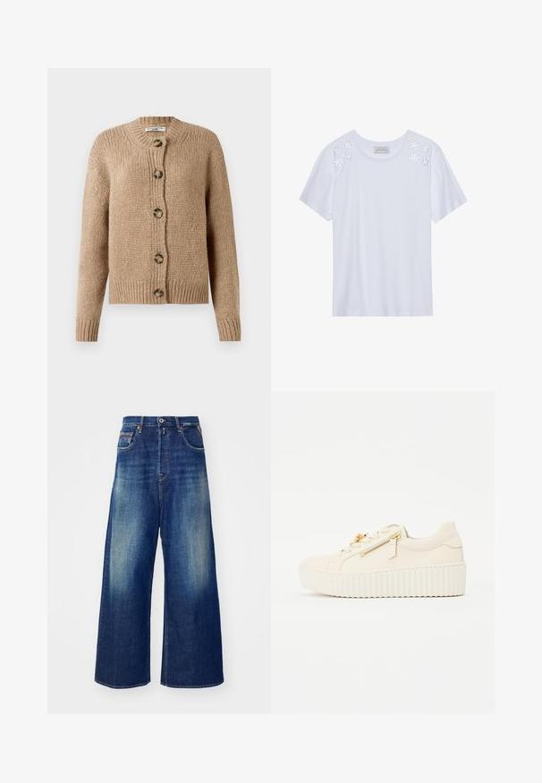 Beige chunky strikket cardigan med lange ærmer, ribbede manchetter og kant, samt fem store brune knapper foran.; Hvid T-shirt med korte ærmer, med blomsterbroderi på skuldrene. Lavet af blødt bomuldsstof, rund halsudskæring, afslappet pasform.; Bredde ben denim jeans i mørkeblå med lys fading, fem lommer og kontraststing. Knap- og lynlåslukning foran.; Beige platform sneakers lavet af glat materiale, med en sidelukning med guldhardware og et diskret bølget kantdesign.
