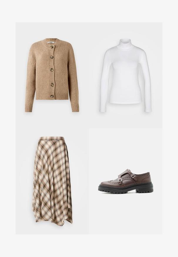 Cárdigan de punto grueso beige con mangas largas, puños y dobladillo acanalados, y cinco grandes botones marrones en la parte delantera.; Camisa de cuello alto de manga larga blanca, fabricada en un tejido suave y elástico. Presenta un ajuste ceñido y un collar alto. Sin patrones ni acentos visibles.; Falda envolvente de cuadros en tonos crema, marrón y negro, hecha de una tela suave. Presenta un dobladillo asimétrico y una silueta fluida.; Zapato derby brogue de cuero marrón con doble hebilla plateada y suela gruesa negra con dibujo, vista lateral sobre fondo blanco.