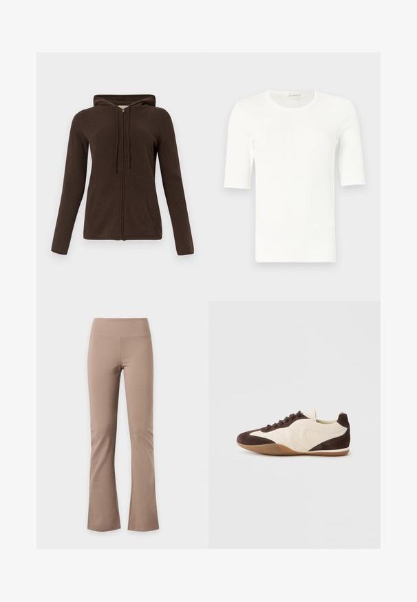 Haut à capuche zippé marron avec un cordon de serrage, des manches longues, des poches latérales et une texture douce. Le design est simple et fonctionnel.; T-shirt blanc côtelé à manches courtes avec col rond, présenté sur un fond gris clair.; Leggings beige taille haute avec une légère évasement en bas, confectionnés dans un tissu lisse et extensible, présentés à plat sur fond blanc.; Baskets marron et crème présentant un mélange de matériaux texturés et lisses, profil bas, design à lacets, et semelle en caoutchouc.