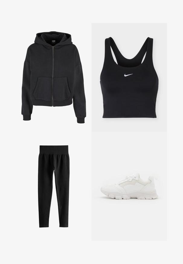 Musta vetoketjuhuppari, jossa on nyörillä säädettävä huppu, kaksi etutaskua, ribbyted hihansuut ja pehmeä rakenne, suunniteltu mukavuutta ja lämpöä varten.; Musta Nike-urheilurintaliivit leveillä olkaimilla ja valkoinen Nike Swoosh -logo keskellä edessä.; Mustat, resorilliset korkeavyötäröiset leggingsit leveällä elastisella vyötärökaitaleella, kapea malli täydessä pituudessa, ilman näkyviä logoja tai kuvioita.; NA-KD CONTRAST SOLE TREKKING - Matalavartiset tennarit - white