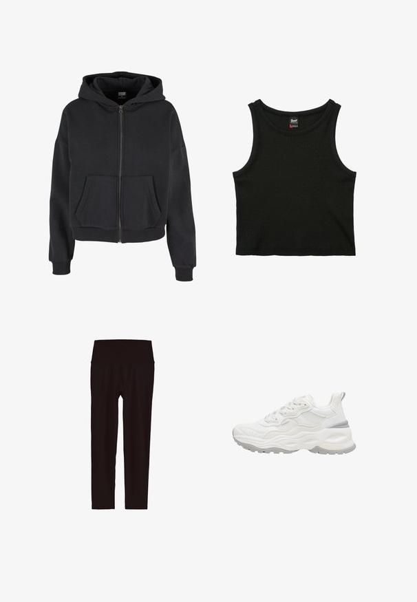 Schwarze Zip-Hoodie mit Kordelzugkapuze, zwei Fronttaschen, gerippten Bündchen und einer weichen Textur, entworfen für Komfort und Wärme.; Schwarzes, geripptes ärmelloses Crop-Top mit rundem Ausschnitt und kleinem Markenlabel innen am Kragen, Größe Small.; Schwarze, hoch taillierte Leggings bis zum Knöchel mit breitem Bund, gezeigt vor weißem Hintergrund.; Weißer klobiger Sneaker mit profiliertem Profil, Mesh- und Lederobermaterial, Schnürverschluss und Zuglasche an der Ferse vor weißem Hintergrund.