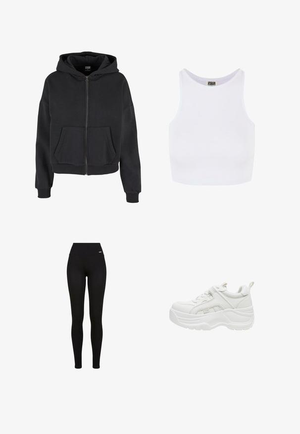 Sort zip-up hættetrøje med snøre i hætten, to forlommer, ribbet manchetter og en blød tekstur, designet til komfort og varme.; Hvid ribbet cropped tanktop med brede skulderstropper og en rund udskæring. Har en blød tekstur og et minimalistisk design uden mønstre.; Sorte leggins med høj talje, strækbart stof, glat tekstur og en tætsiddende pasform, der er velegnet til casual eller atletisk brug.; Hvid chunky sneaker med tyk sål, snørelukning foran, polstret krave og trækstykke på hælen.
