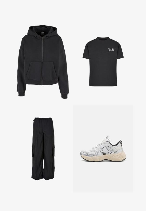 Sort zip-up hættetrøje med snøre i hætten, to forlommer, ribbet manchetter og en blød tekstur, designet til komfort og varme.; Sort bomulds T-shirt med rund hals. Har hvid tekst, inklusive japanske tegn og "Slurp Away," på venstre brystområde.; Svarte cargobukser med vidde ben, elastisk talje, sidelommer med klap og justerbare snore i talje og forneden.; Hvid sportsko med mesh- og syntetiske paneler, sølvdetaljer, chunky creme farvet sål og kontrasterende sorte detaljer. Har snøresystem.