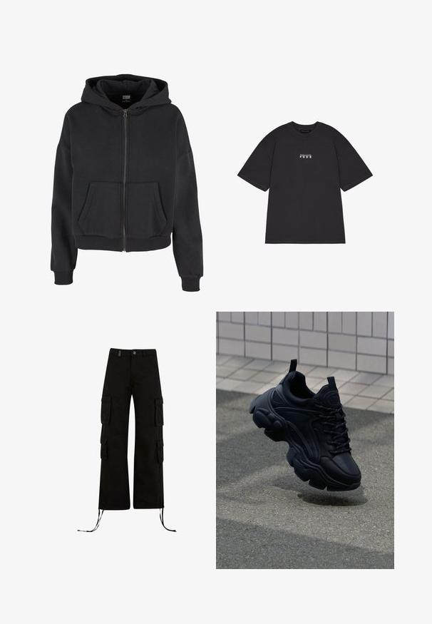 Sort zip-up hættetrøje med snøre i hætten, to forlommer, ribbet manchetter og en blød tekstur, designet til komfort og varme.; Sort bomulds T-shirt med korte ærmer, med små hvide grafiske bogstaver "PEGAIDOR PGDR" på fronten. Enkel design med rund hals.; Sorte cargo bukser med en afslappet pasform, der har cargolommer på siderne, snøre i kanten og en knaplukning i taljen.; Sort lædersneaker med et kraftigt design, der har en tykk sål, teksturerede paneler og sorte snørebånd. Svævende over en grå belægning.