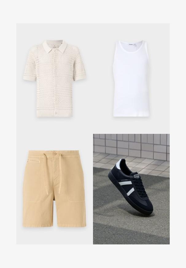 Kortærmet, lys beige strikket polo skjorte med et åbent vævemønster, der har en krave og seks knaplukninger.; Hvid bomulds tanktop med rund hals og brede stropper. Glat tekstur, ingen mønstre, enkelt design og mærkeetiket på halsudskæringen.; Beige shorts lavet af bomuld, med snor i taljen, frontlommer og synlige sømme. Enkel, afslappet design.; Sort lædersneaker med hvide striber, tekstureret gummisål og snørrebånd foran. Har et brandet mærke på tungen.