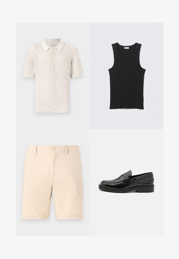 Kortærmet, lys beige strikket polo skjorte med et åbent vævemønster, der har en krave og seks knaplukninger.; Sort ærmeløs ribstrikket tanktop med rund halsudskæring, fladt lagt på lysegrå baggrund. Etiket med teksten "WEEKDAY."; Beige bomuldsbukser med flad frontdesign, en enkelt knaplukning og opfoldede manchetter. Har sidelommer og en glat tekstur.; Sorte læder loafers med en glat finish, rund tå, lav hæl og dekorativ syning langs forsiden. Gummisål for godt greb.