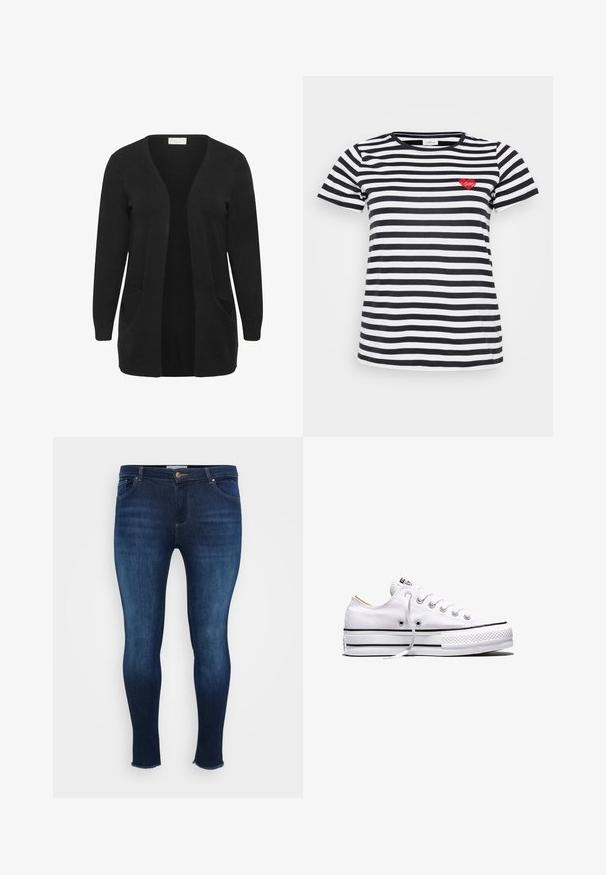 Cardigan noir à manches longues en matière tricotée douce, avec devant ouvert, deux poches avant et des poignets et ourlet côtelés.; T-shirt à rayures noir et blanc avec un col rond et des manches courtes, présentant une petite broderie en forme de cœur rouge sur la poitrine gauche.; Jean bleu foncé en denim, avec une coupe slim, un design à cinq poches et des ourlets effilochés pour un look décontracté.; Baskets basses en toile blanche avec lacets blancs, bandes noires sur la semelle et embout en caoutchouc texturé, vue de côté sur fond blanc.