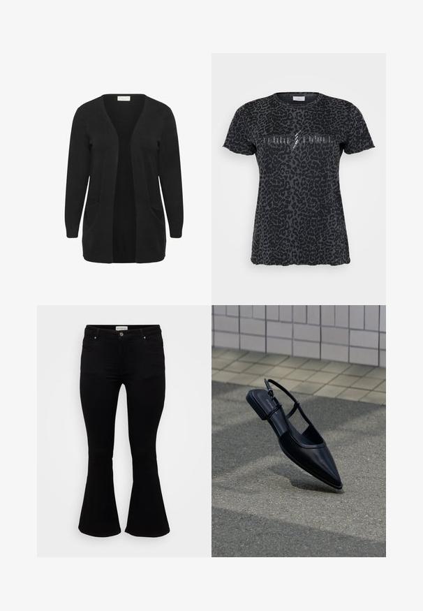 Cardigan noir à manches longues en matière tricotée douce, avec devant ouvert, deux poches avant et des poignets et ourlet côtelés.; ONLY Carmakoma CARMIKO WASHED SS REG TEE JRS - T-shirt imprimé - phantom; Jeans évasés noirs en denim doux, avec une taille cintrée, des poches avant et un ourlet évasé pour un ajustement décontracté.; Chaussure plate noire à bout pointu avec bride arrière, flottant au-dessus d'une surface en bitume à côté d'un trottoir carrelé.