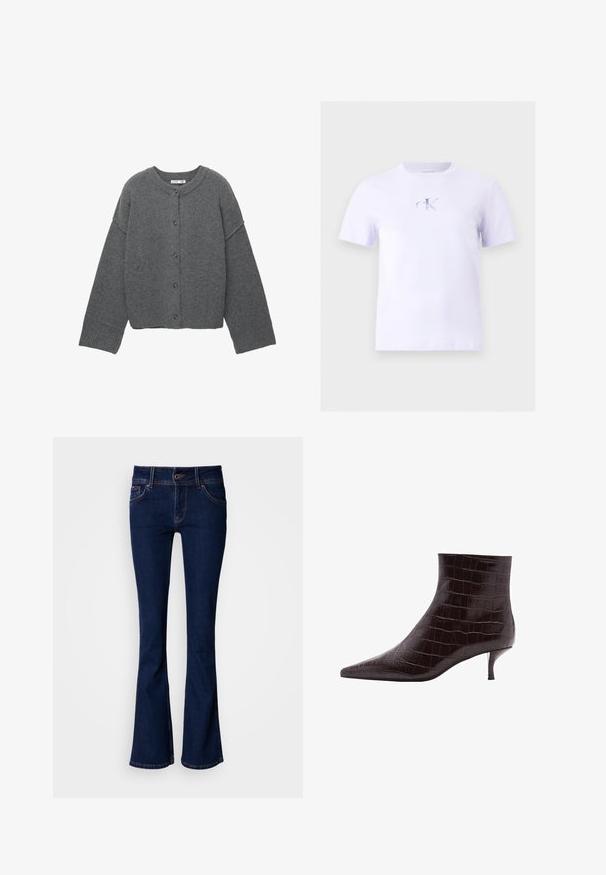 Donkergrijze cardigan met knopen, lange mouwen, geribbelde boorden, zoom en halslijn, plat gelegd tegen een witte achtergrond.; Wit T-shirt met korte mouwen, ronde hals en een gecentreerd "CK Calvin Klein Jeans" logo in lichtgrijs op de borst.; Donkerblauwe denim flared jeans met een aangesloten taille, vijf zakken en contrasterende stikdetails; voorzien van een ritssluiting en knoopsluiting.; Zwarte leren enkellaarsjes met krokodillenembossing, een spitse neus en een korte, dunne hak. Glad oppervlak met een uitgesproken patroon en een strak ontwerp.