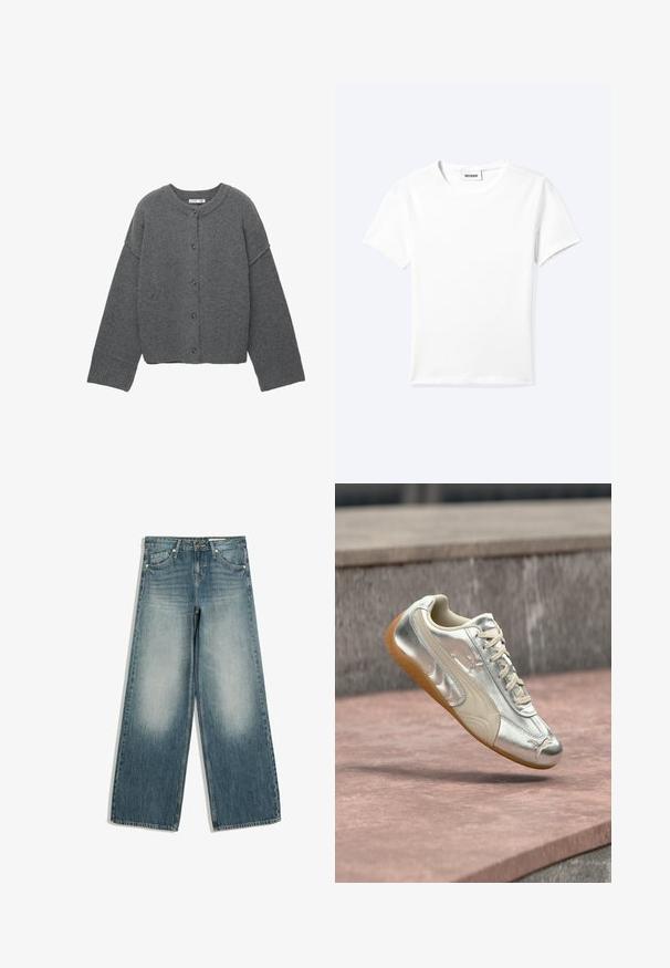 Cardigan boutonné gris foncé à manches longues, avec poignets, ourlet et encolure côtelés, présenté à plat sur un fond blanc.; T-shirt blanc uni à manches courtes et col rond avec une petite étiquette "WEEKDAY" à l'intérieur de l'encolure, présenté à plat sur un fond clair.; Jean large bleu avec zones avant des cuisses délavées, poches avant, passants de ceinture et fermeture par bouton.; Baskets Puma argentées et beiges avec semelle en gomme, flottant au-dessus de marches en pierre roses et grises.